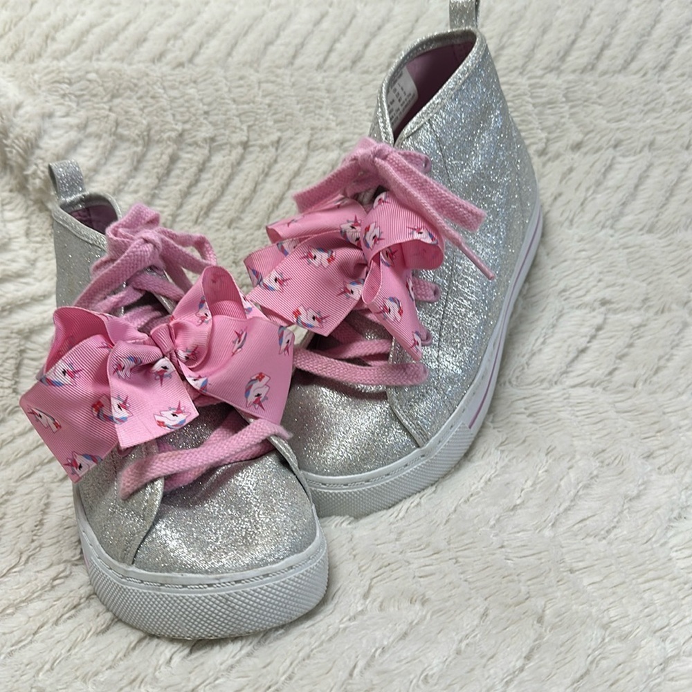 Jojo Siwa high top glitter sneakers with unicorn ribbon laces Girls Sz 3